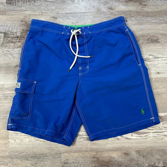 Polo Ralph Lauren Blue Swim Trunks Green Pony Logo Medium - Picture 1 of 8